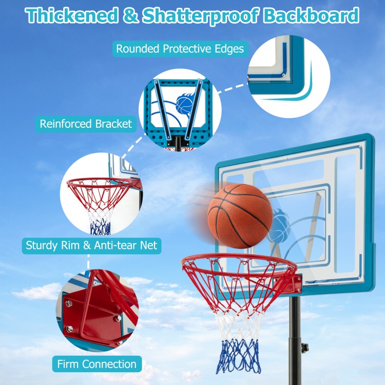 Adjustable pool basketball hoop with shatterproof backboard, reinforced rim, and anti-tear net for stable play.