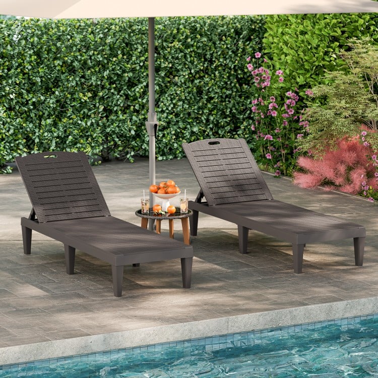 Set of 2 coffee outdoor chaise lounge chairs with 4-position adjustable backrests, perfect for poolside relaxation.