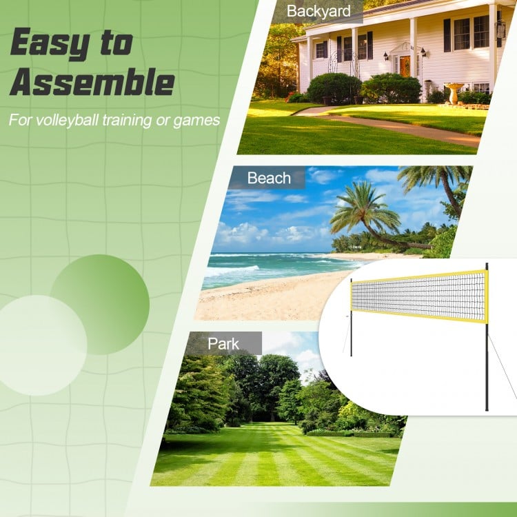 Portable outdoor volleyball net set shown in a park, featuring adjustable height and easy assembly for games or.