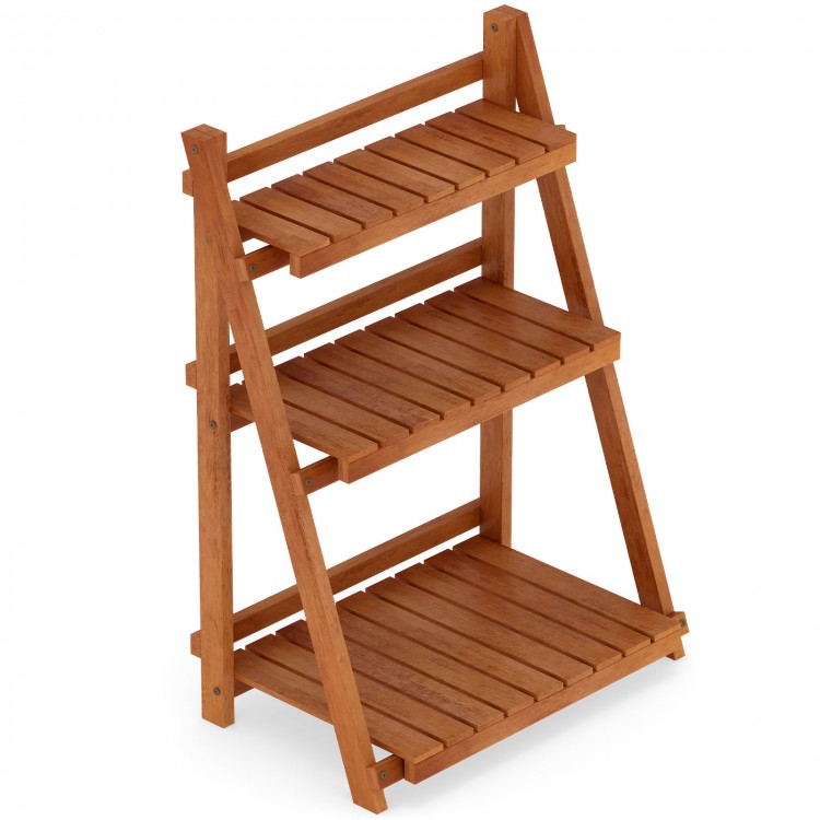 Foldable 3-tier solid wood plant stand with slatted shelves, ideal for patio or balcony use, ensuring optimal sunlight.