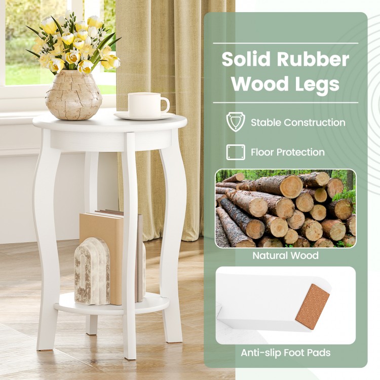Round 2-tier end table with white finish, rubber wood legs, and storage shelf, perfect for living room or bedroom use.