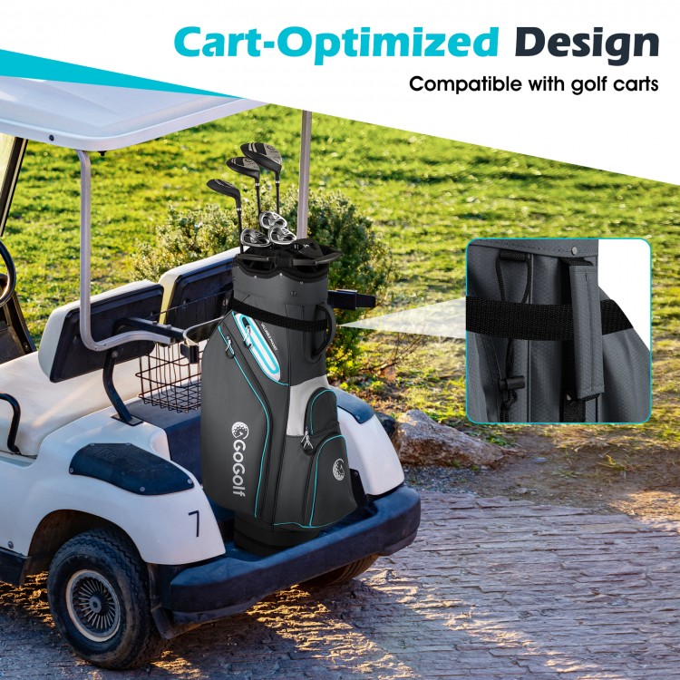 Lightweight gray golf cart bag with 14-way top dividers and 6 zippered pockets, designed for easy transport on golf.