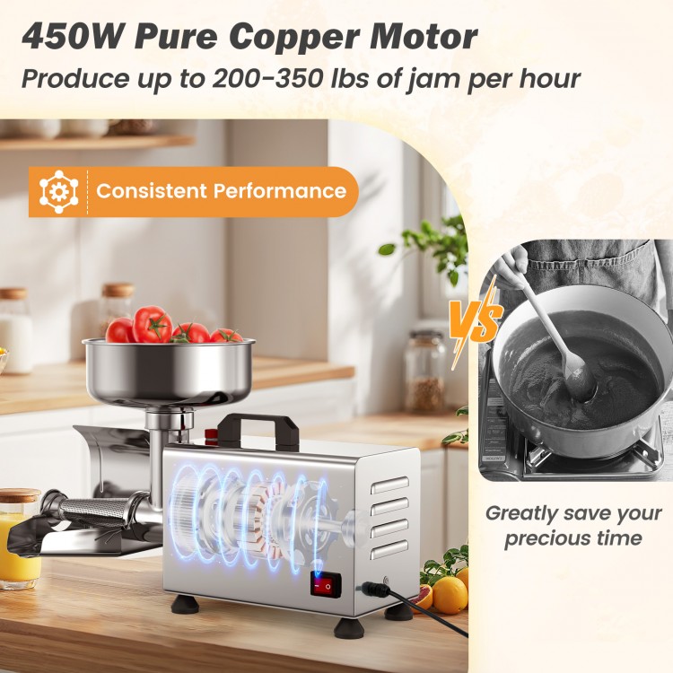 Electric tomato strainer with 450W motor, stainless steel design, large feed chute for efficient jam production.