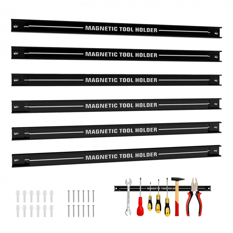 18-inch black magnetic tool holder strips with mounting screws, ideal for organizing tools in garages or workshops.