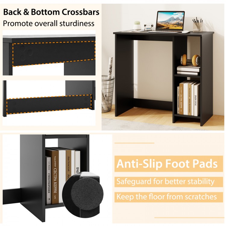 Modern black home office desk with 2 compartments, sturdy crossbars, and anti-slip foot pads for stability.