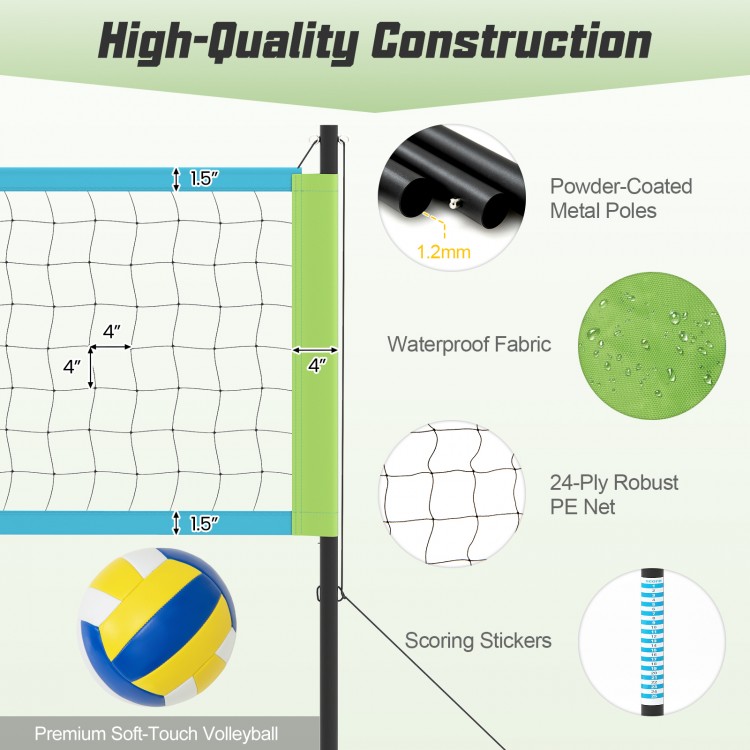 Portable outdoor volleyball net set featuring adjustable poles, tear-resistant net, and easy setup for outdoor fun.