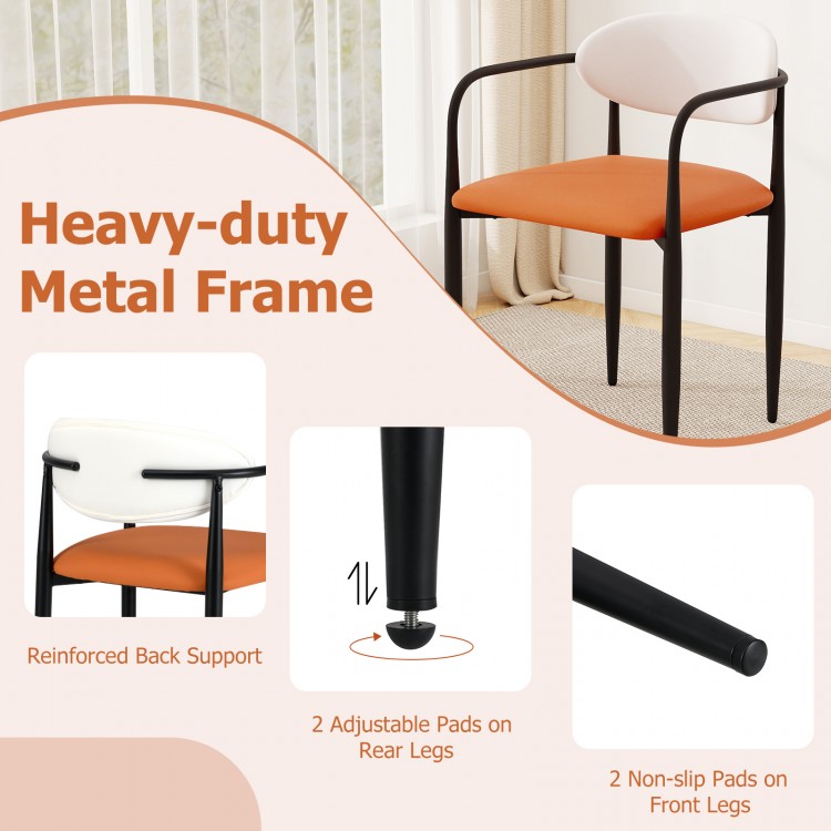 Modern dining chair with padded seat, curved back, and heavy-duty metal frame, featuring adjustable and non-slip pads.