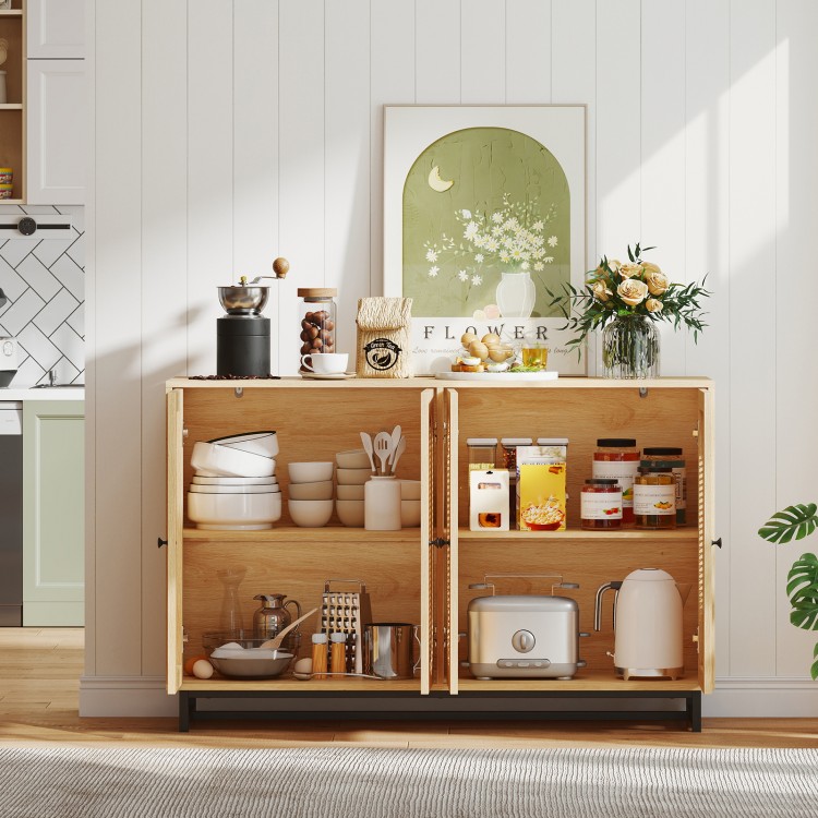 Buffet sideboard cabinet with 4 rattan doors, adjustable shelves, and a natural finish, perfect for kitchen or coffee.
