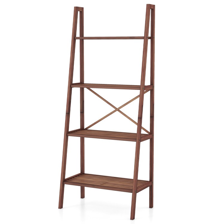 Bamboo ladder shelf with four tiers, ideal for laundry supplies and decorative items, featuring a space-saving design.