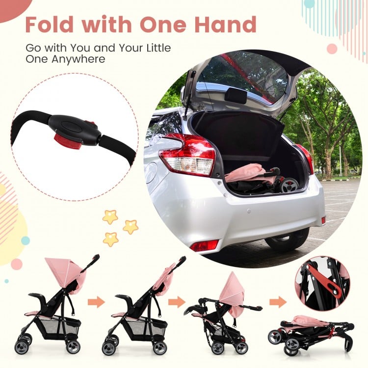Toddler travel stroller in pink with adjustable backrest, foldable design, and canopy for easy storage and travel.