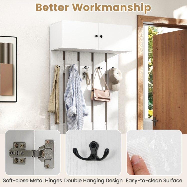 Wall-mounted coat rack in white with upper storage cabinet and five metal hooks, ideal for entryways and easy to clean.