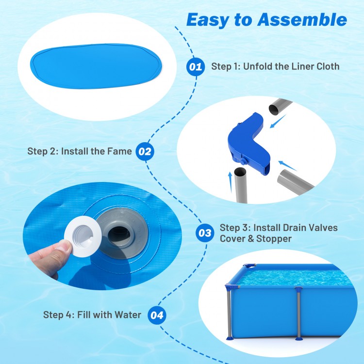 Easy-to-assemble 6 ft outdoor family swimming pool with metal frame, featuring durable PVC fabric and drainage valve.
