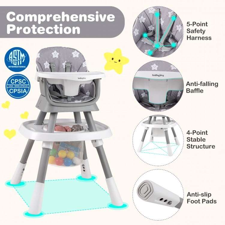 16-in-1 baby high chair in grey with 5-point harness, adjustable height, and activity center for versatile use.