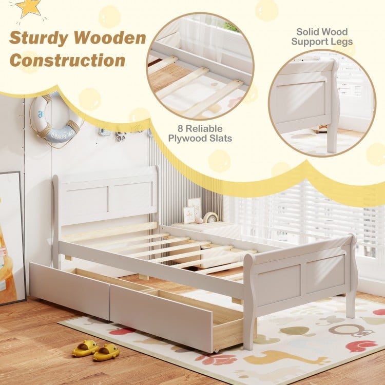 Twin size sleigh bed frame in white with two storage drawers, featuring solid wood construction and elegant design.
