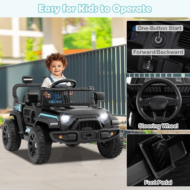 Kids ride-on truck in black with steering wheel, foot pedal, and LED headlights for safe outdoor fun.