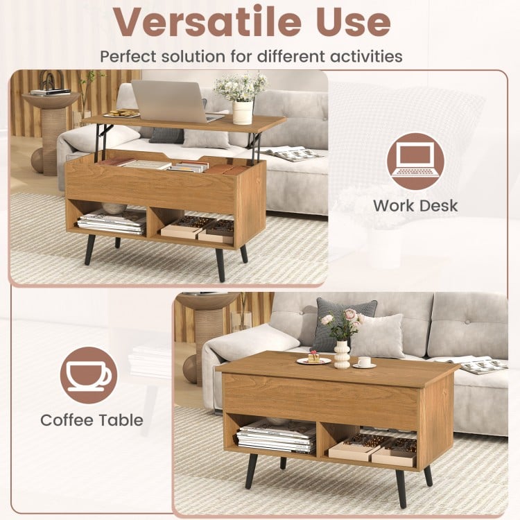 Lift-top coffee table in natural finish with hidden storage and open shelves, perfect for versatile use as a work desk.