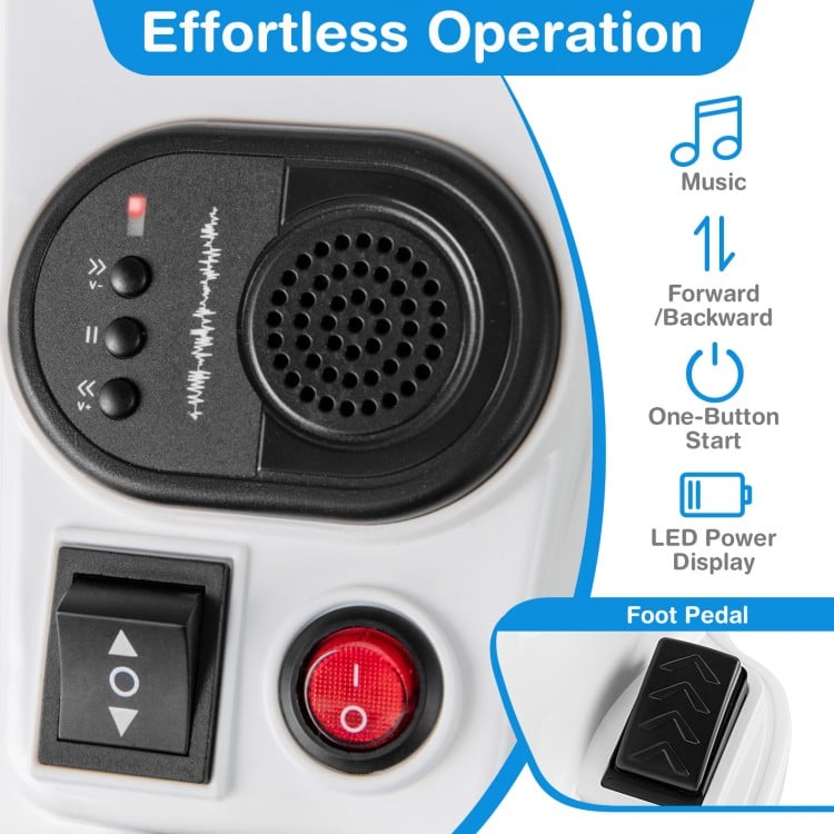 Close-up of the control panel for the 12V Unicorn Ride on Toy, featuring buttons for music and driving modes.