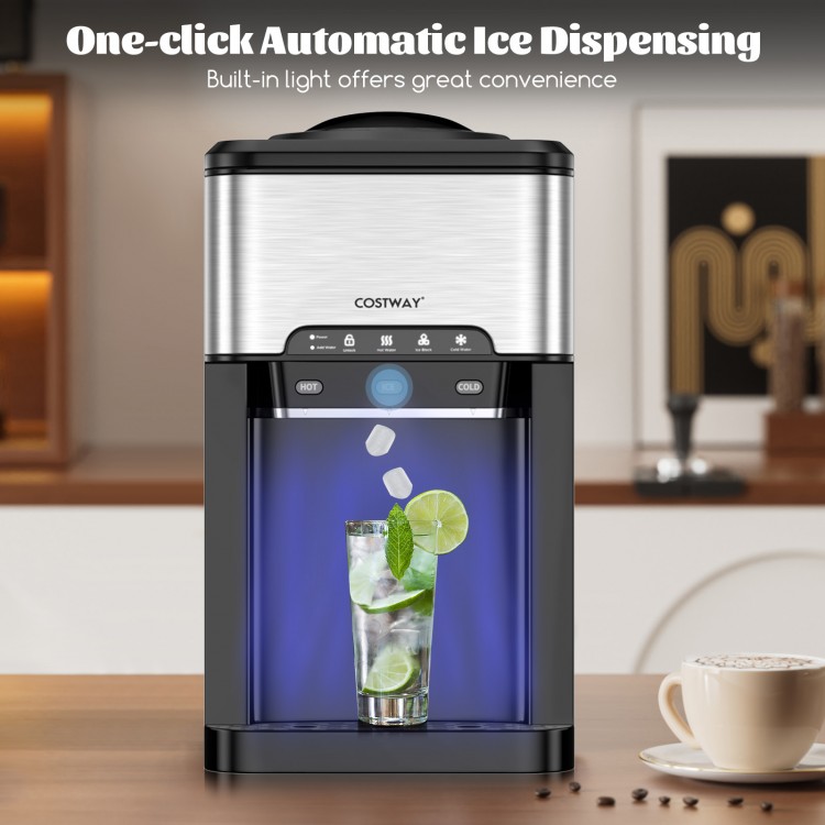 3-in-1 ice maker with built-in water cooler, stainless steel design, and automatic ice dispensing for convenient.