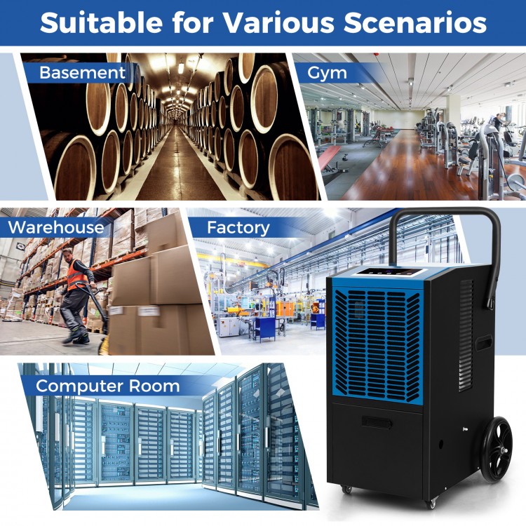 High-capacity commercial dehumidifier in a factory setting, engineered for rapid moisture elimination and reliability.