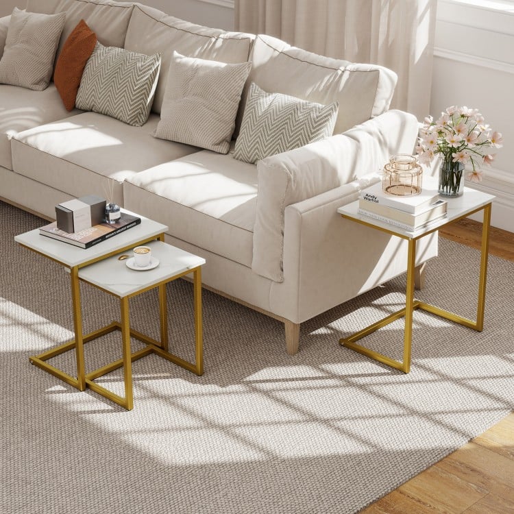 Set of 3 multifunctional coffee end tables in white with gold steel frames, ideal for living room or office use.