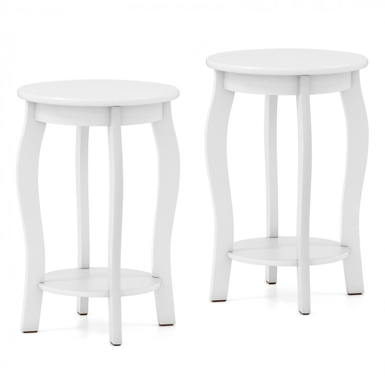 Set of 2 white 15-inch round end tables with storage shelf, featuring rubber wood legs for stability and rustic charm.