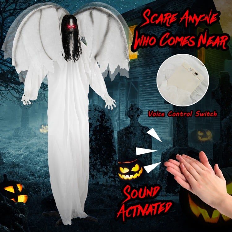 6.6 feet Halloween animatronic angel with light-up eyes, flapping wings, and sound activation for indoor or covered.