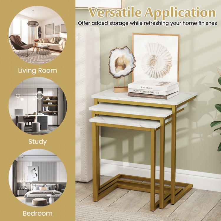 Set of 3 stackable coffee end tables in white with a C-shaped frame, ideal for living room or bedroom use.