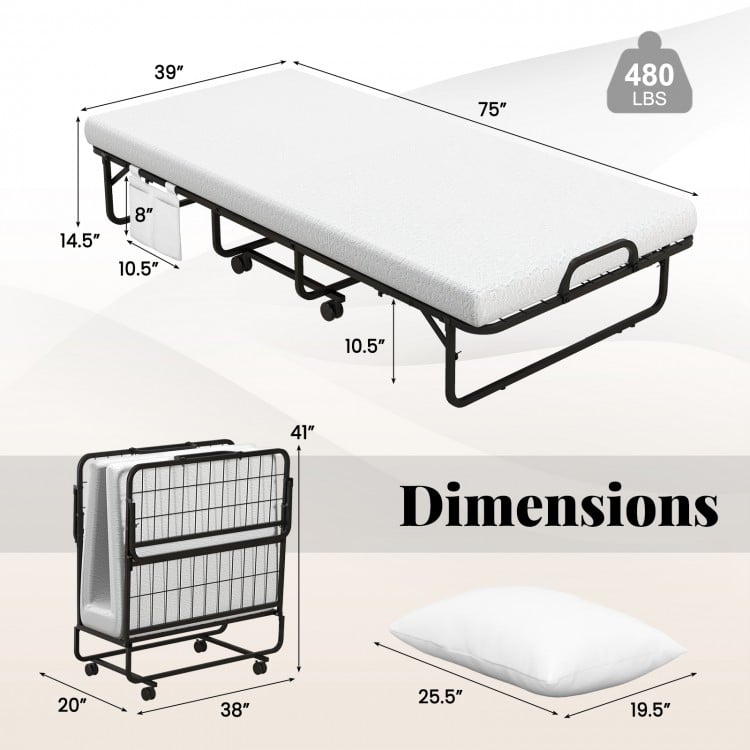 Twin folding bed with 4-inch memory foam mattress, compact design for easy storage in small spaces or guest rooms.