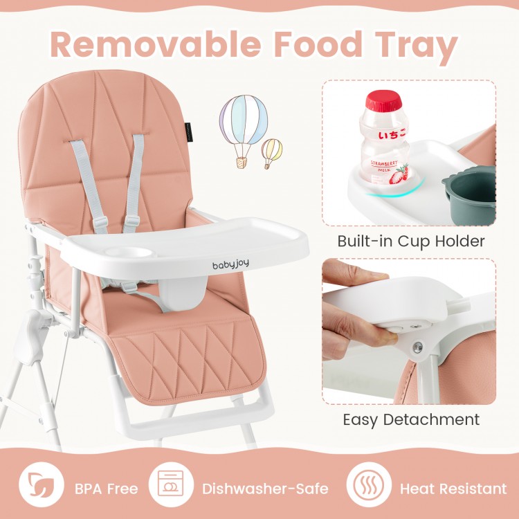 Compact highchair in pink with removable, dishwasher-safe tray, built-in cup holder, and adjustable footrest for.