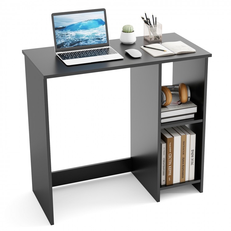 Modern black home office desk with 2 compartments, featuring a laptop, books, and decorative items for organized.