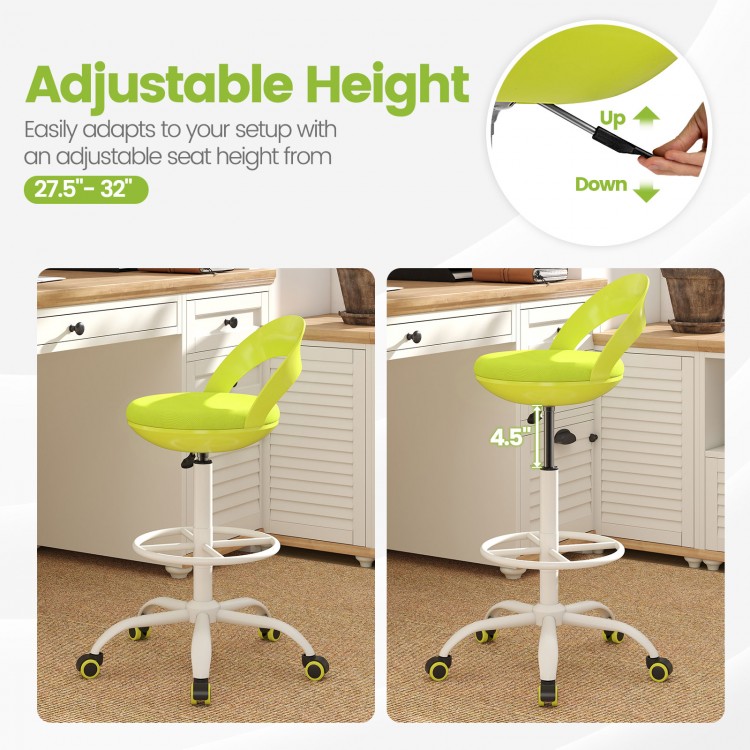Drafting stool with adjustable height from 27.5" to 32", featuring green upholstery and smooth-rolling wheels for.