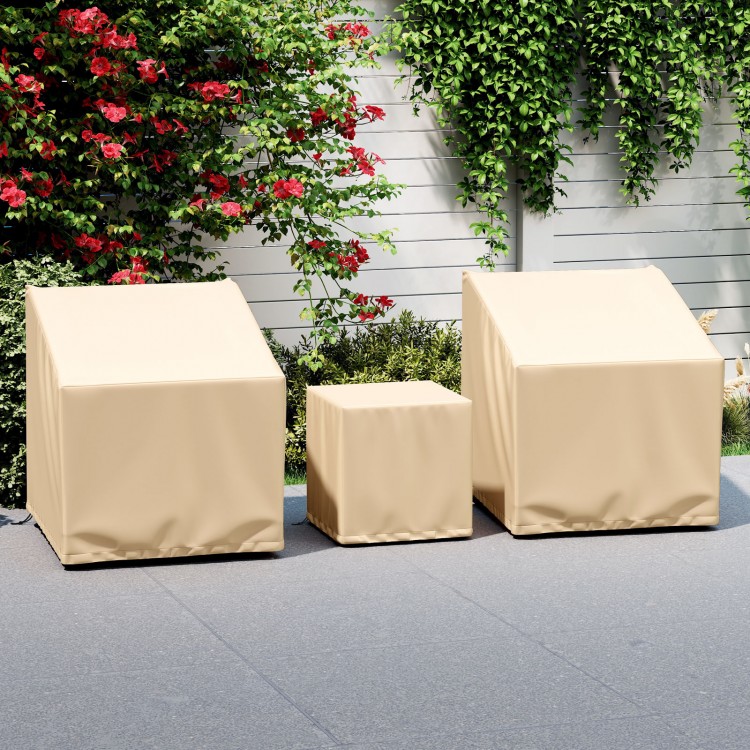 Beige outdoor furniture covers designed for a 3-piece bistro set, featuring reinforced stitching and waterproof.