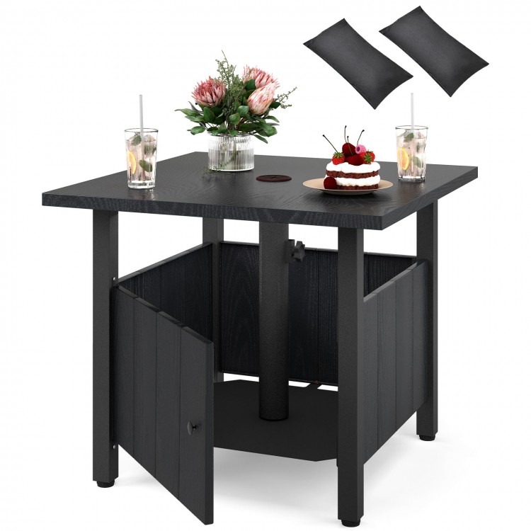 Black outdoor side table with 1.89" umbrella hole, sturdy zinc-iron structure, ideal for patio or backyard use.