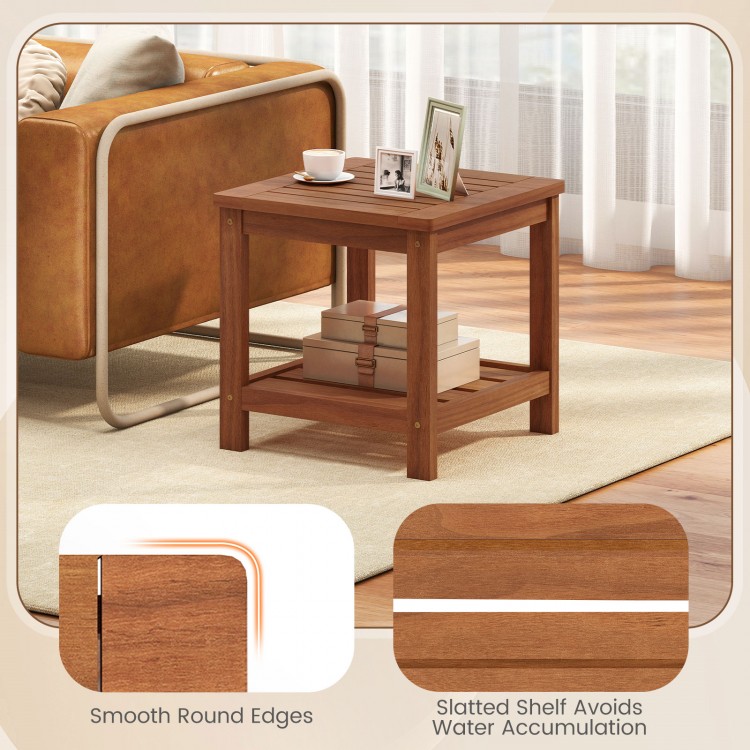2-tier outdoor side table with storage shelf, crafted from solid wood, featuring a slatted top for ventilation and.