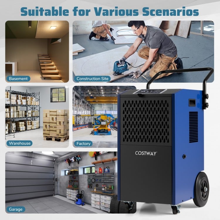 154 Pints commercial dehumidifier in blue, ideal for basements and factories, featuring pump drainage and adjustable.