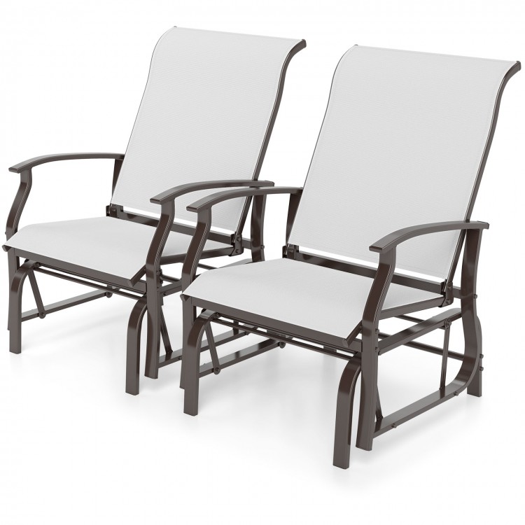 Set of 2 outdoor glider chairs with ergonomic backrest, beige fabric, and sturdy metal frame for patio relaxation.