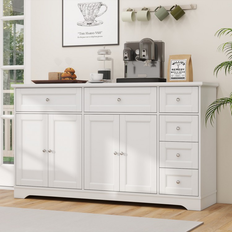 White buffet sideboard with spacious 59" countertop, 6 drawers, and 2 cabinets for organized coffee bar storage.