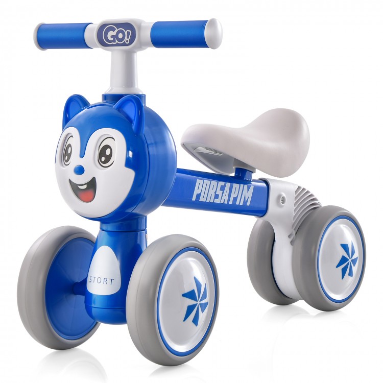Blue baby balance bike with a carbon steel frame, non-toxic materials, and noiseless EVA wheels for safe riding.