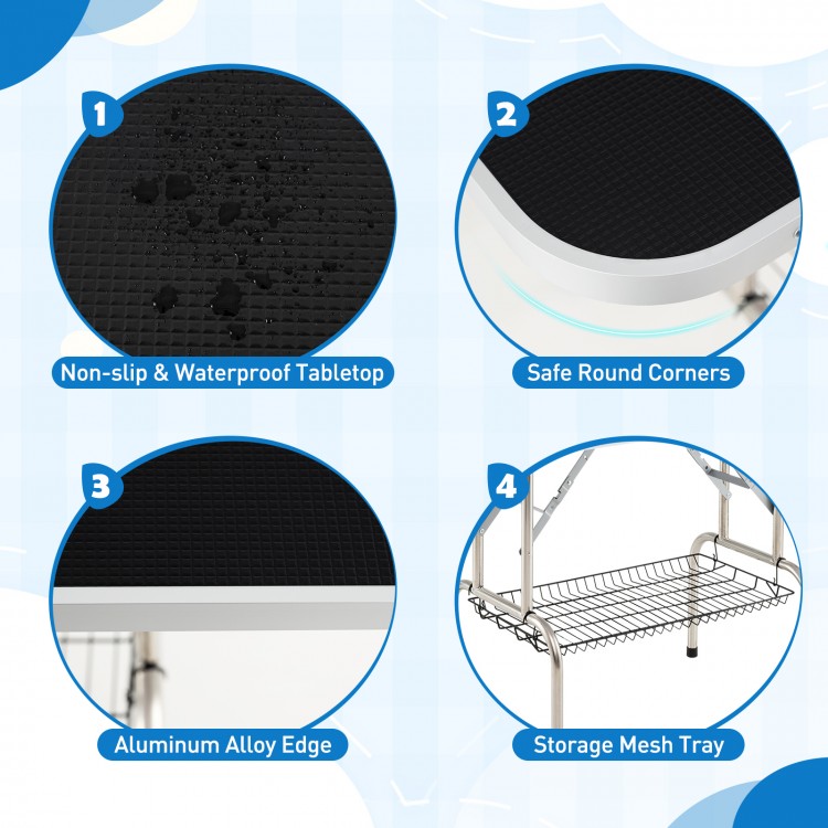 Non-slip and waterproof tabletop of the foldable dog grooming table, featuring safe round corners and aluminum alloy.