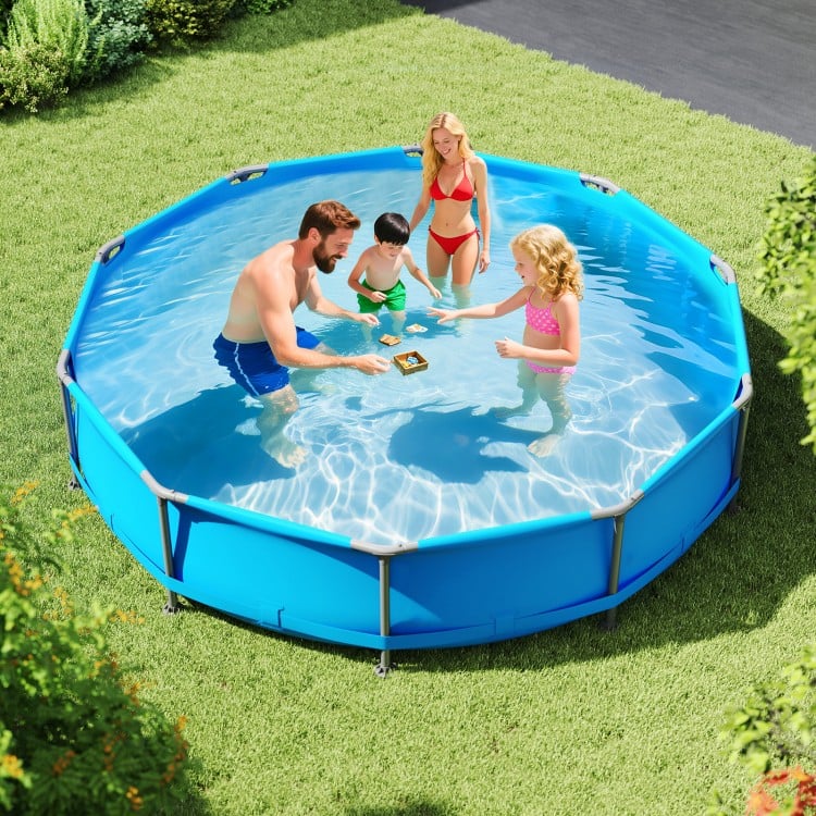 Family enjoying the 12 ft outdoor swimming pool with metal frame, featuring durable PVC fabric and easy assembly.
