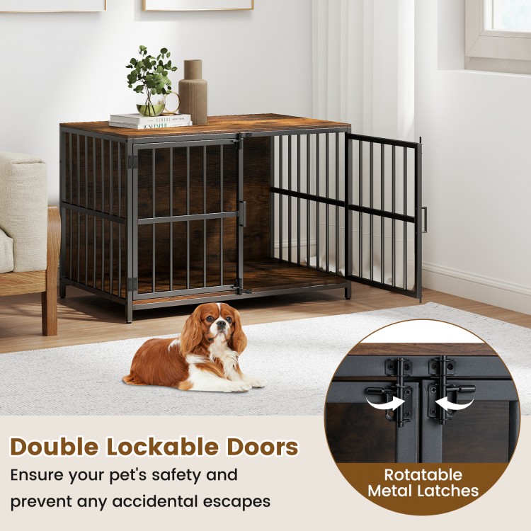 40-inch rustic brown dog crate furniture with dual lockable doors and rotatable metal latches for pet safety.