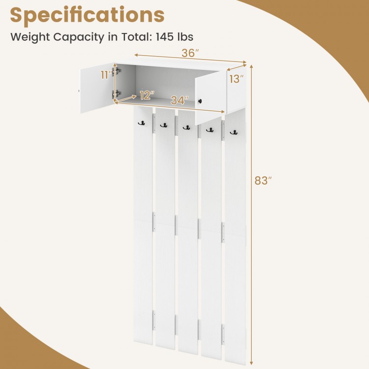 Dimensions and specifications of the white wall-mounted coat rack, featuring a weight capacity of 145 lbs and compact.