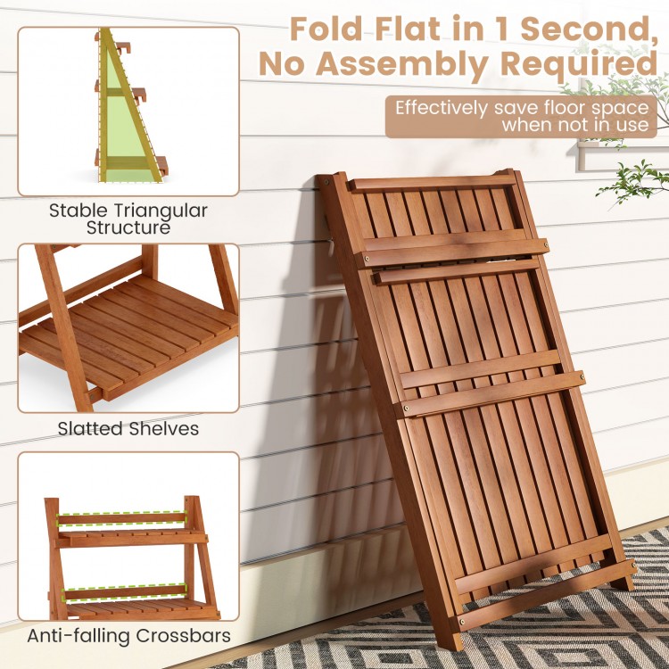Foldable 3-tier solid wood plant stand with slatted shelves, stable triangular structure, perfect for patio or balcony.