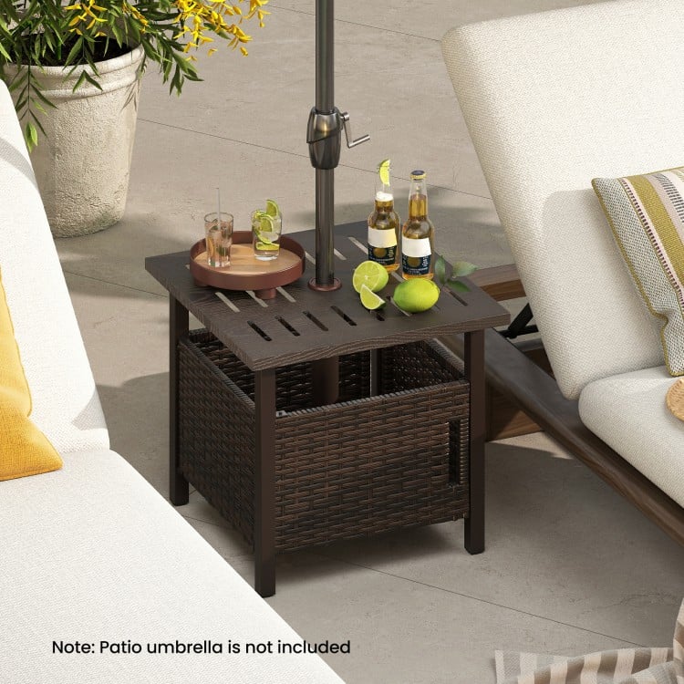 Brown outdoor side table with 1.93" umbrella hole, made of weather-resistant PE wicker, ideal for patio or garden use.