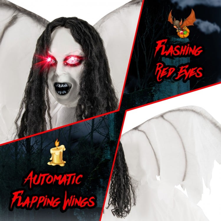 6.6 feet Halloween animatronic angel with light-up red eyes, flapping wings, and spooky details for indoor or covered.