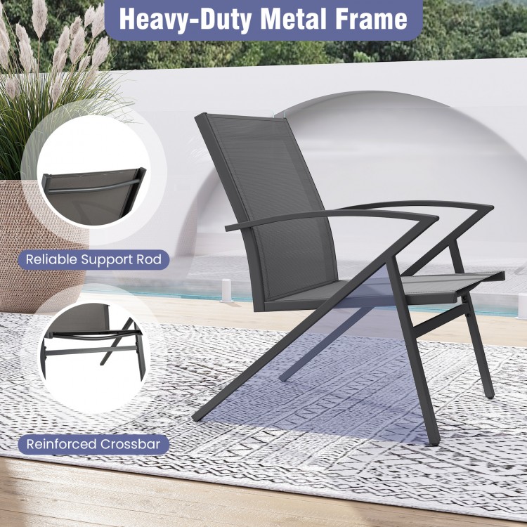 Grey patio chair with heavy-duty metal frame, contoured backrest, and curved armrests for outdoor comfort.