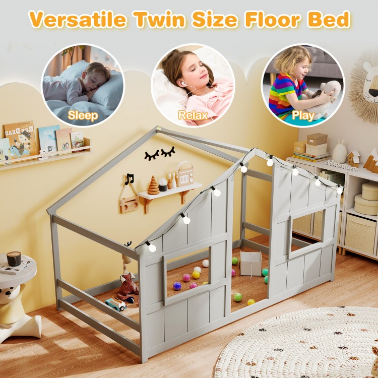 Twin size house bed in grey with LED lights, featuring a slat-free design for sleep and play, perfect for kids' rooms.