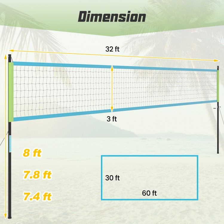 Dimensions of the Portable Outdoor Volleyball Net Set, showing height adjustments and net length for versatile play.