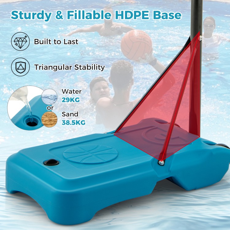 Fillable HDPE base of a portable pool basketball hoop, designed for stability with water or sand, ideal for poolside.