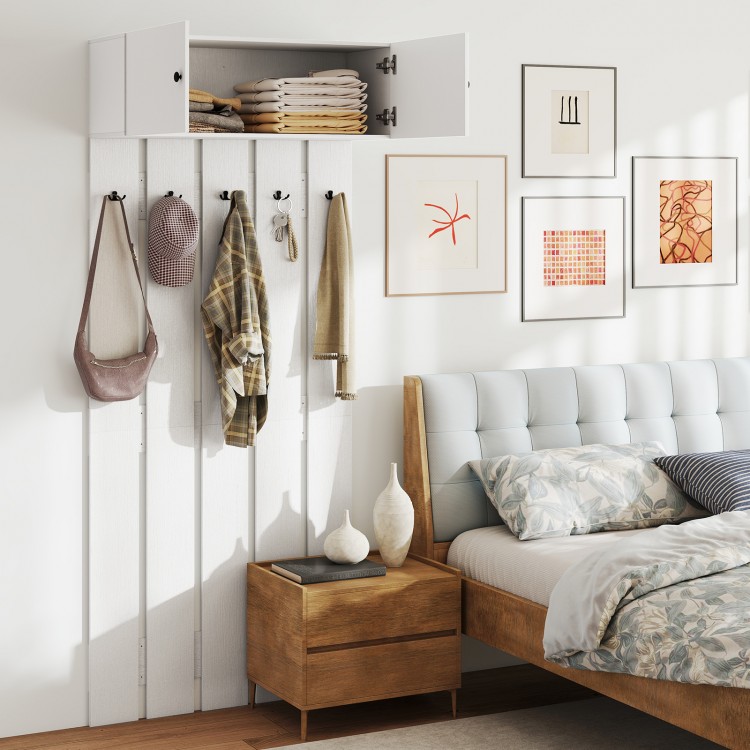 Wall-mounted coat rack in white with upper storage cabinet and five metal hooks, perfect for entryways and compact.